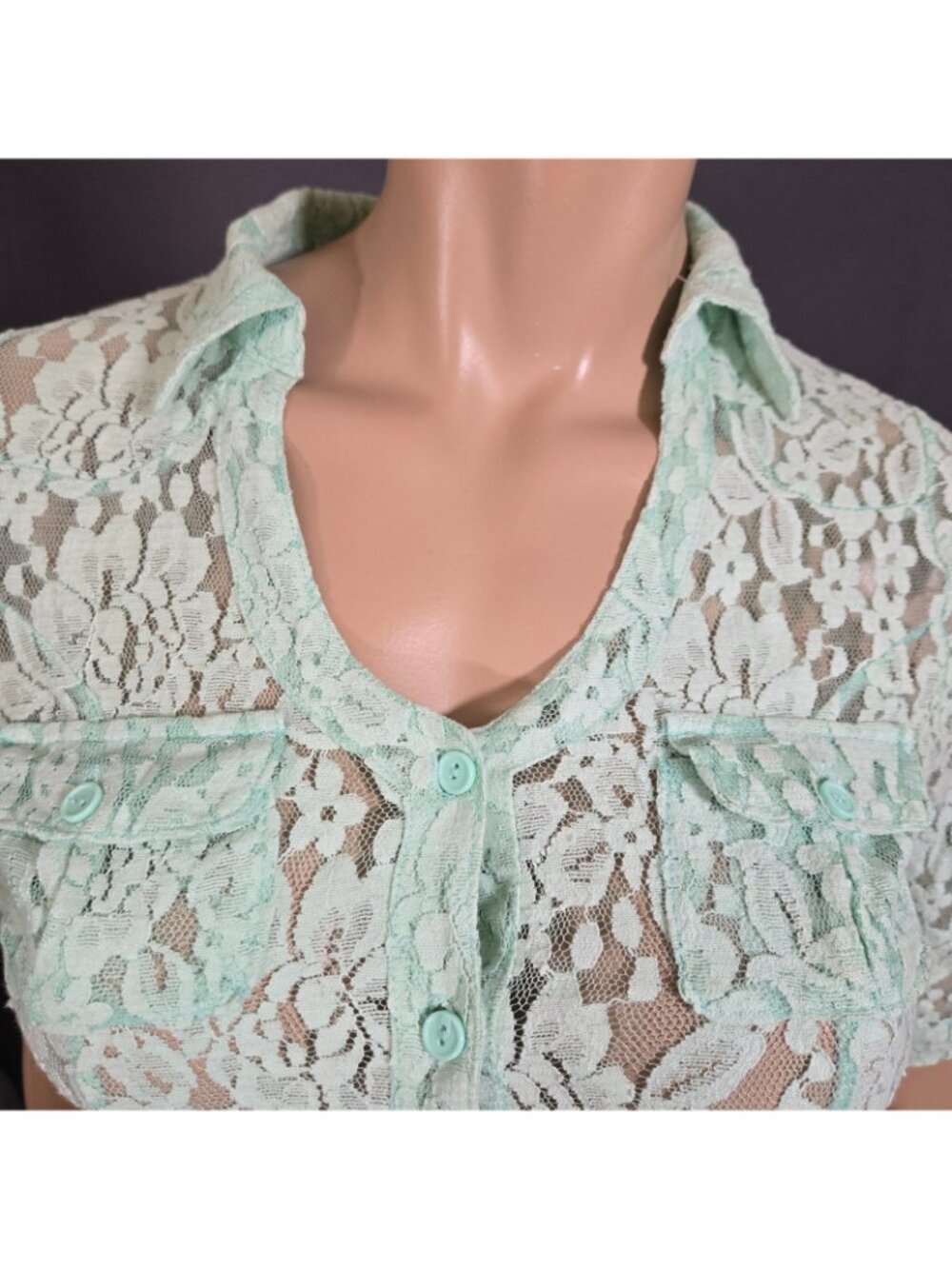 Y2K Aqua Mint Green Lace Button Up Blouse Size XS Office Siren Fairy Coquette - Picture 6 of 11